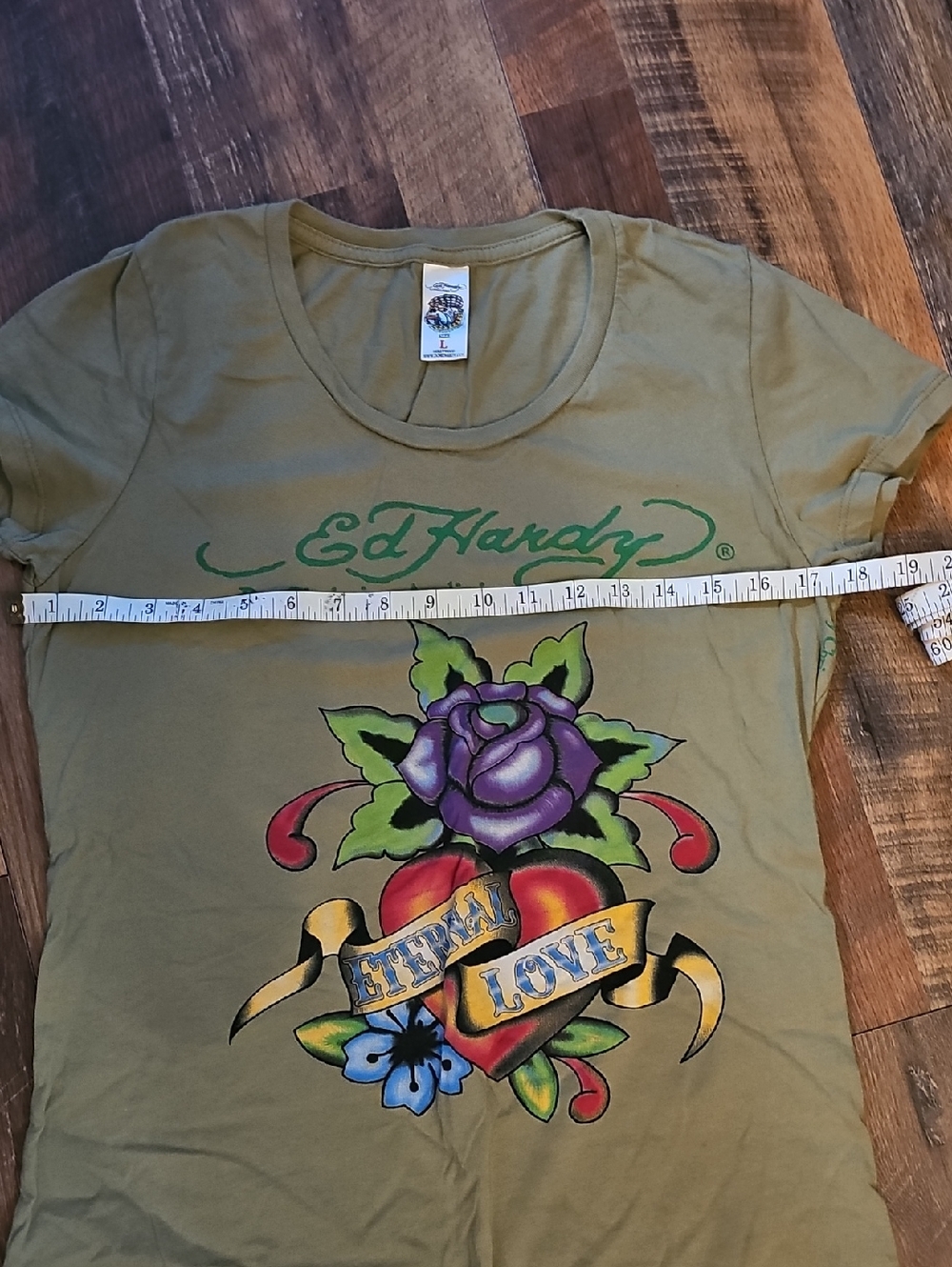 Ed Hardy Olive Tee with Purple Rose and Red Heart Graphic - Picture 4 of 7